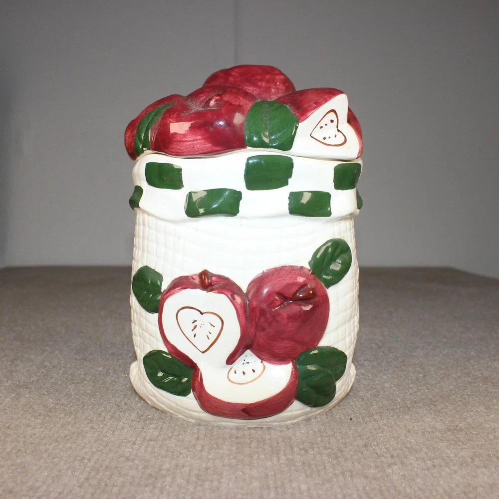 Vintage 9pc Ceramic Apple Canister Set Basketweave Napkin Holder Shakers Creamer